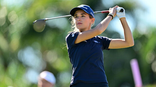 BELLEAIR, FLORIDA - NOVEMBER 13: Amateur Kai Trump of the United States plays her shot from the 16th tee during the first round of The ANNIKA driven by Gainbridge at Pelican 2025 at Pelican Golf Club on November 13, 2025 in Belleair, Florida.
