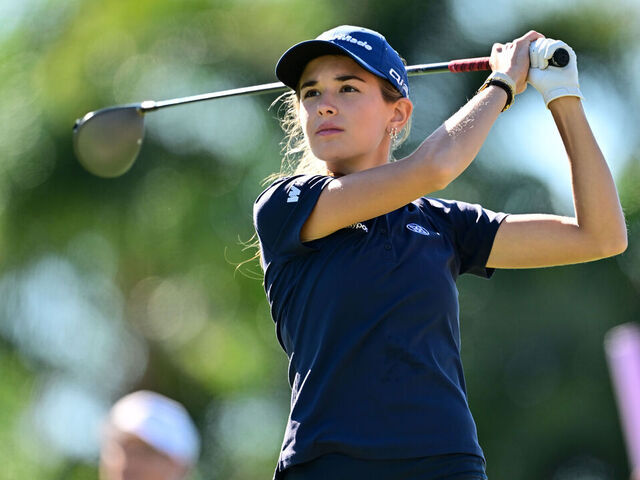 BELLEAIR, FLORIDA - NOVEMBER 13: Amateur Kai Trump of the United States plays her shot from the 16th tee during the first round of The ANNIKA driven by Gainbridge at Pelican 2025 at Pelican Golf Club on November 13, 2025 in Belleair, Florida.