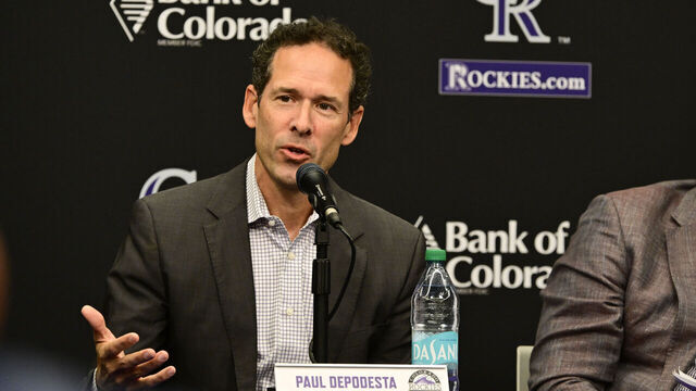 DENVER, CO - NOVEMBER 13: Colorado Rockies new President of Baseball Operations Paul DePodesta during his introductory press conference at Coors Field in Denver, Colorado on Thursday, November 13, 2025.