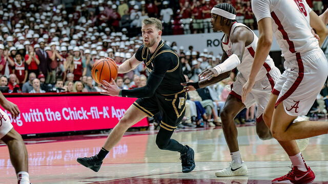 TUSCALOOSA, ALABAMA - NOVEMBER 13: Braden Smith #3 of the Purdue Boilermakers drives to the basket during the first half around Aiden Sherrell #22 of the Alabama Crimson Tide at Coleman Coliseum on November 13, 2025 in Tuscaloosa, Alabama.