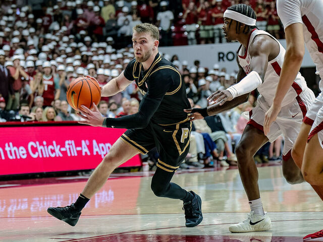 TUSCALOOSA, ALABAMA - NOVEMBER 13: Braden Smith #3 of the Purdue Boilermakers drives to the basket during the first half around Aiden Sherrell #22 of the Alabama Crimson Tide at Coleman Coliseum on November 13, 2025 in Tuscaloosa, Alabama.