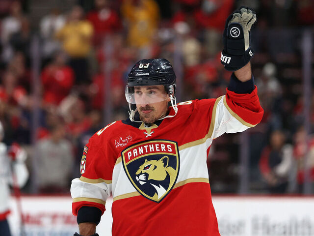 SUNRISE, FLORIDA - NOVEMBER 13: Brad Marchand #63 of the Florida Panthers acknowledges the fans following a win against the Washington Capitals at Amerant Bank Arena on November 13, 2025 in Sunrise, Florida. The Panthers defeated the Capitals 6-3.