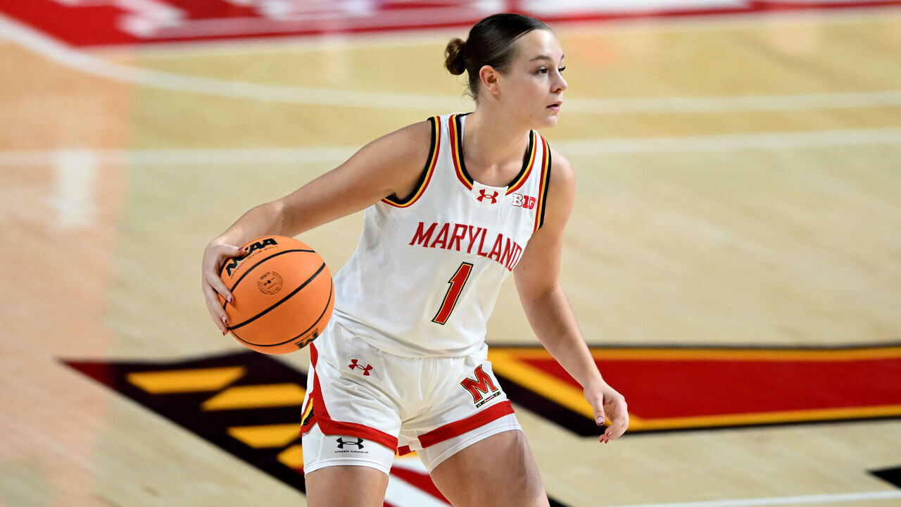 COLLEGE PARK, MARYLAND - NOVEMBER 06: Lea Bartelme #1 of the Maryland Terrapins handles the ball against the UMBC Retrievers at Xfinity Center on November 06, 2025 in College Park, Maryland.