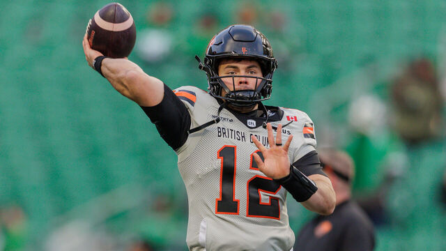 REGINA, CANADA - NOVEMBER 8: Nathan Rourke #12 of the BC Lions throws a pass during warm-up before the CFL Western Final game between the BC Lions and Saskatchewan Roughriders at Mosaic Stadium on November 8, 2025 in Regina, Canada.