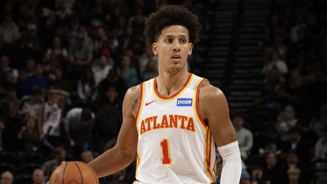 SALT LAKE CITY, UT - NOVEMBER 13: Jalen Johnson #1 of the Atlanta Hawks dribbles the ball during the game against the Utah Jazz on November 13, 2025 at Delta Center in Salt Lake City, Utah. Mandatory Copyright Notice: Copyright 2025 NBAE
