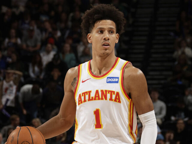 SALT LAKE CITY, UT - NOVEMBER 13: Jalen Johnson #1 of the Atlanta Hawks dribbles the ball during the game against the Utah Jazz on November 13, 2025 at Delta Center in Salt Lake City, Utah. Mandatory Copyright Notice: Copyright 2025 NBAE