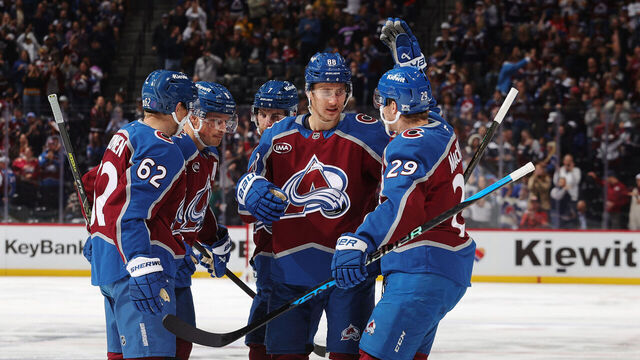 DENVER, COLORADO - NOVEMBER 13: Artturi Lehkonen #62, Cale Makar #8, Devon Toews #7, Martin Necas #88 and Nathan MacKinnon #29 of the Colorado Avalanche celebrate after a goal against the Buffalo Sabres at Ball Arena on November 13, 2025 in Denver, Colorado.