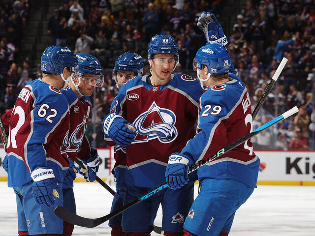 DENVER, COLORADO - NOVEMBER 13: Artturi Lehkonen #62, Cale Makar #8, Devon Toews #7, Martin Necas #88 and Nathan MacKinnon #29 of the Colorado Avalanche celebrate after a goal against the Buffalo Sabres at Ball Arena on November 13, 2025 in Denver, Colorado.
