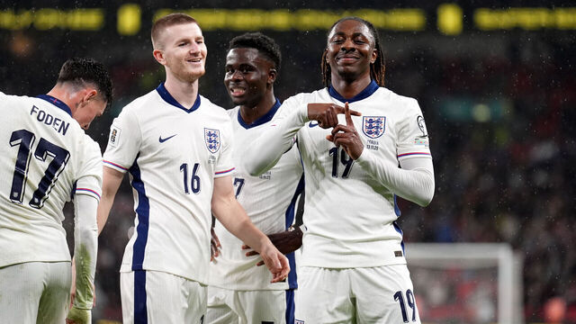 England's Eberechi Eze celebrates scoring their side's second goal of the game with Adam Wharton during the 2026 FIFA World Cup European Qualifying, Group K match at Wembley Stadium, London. Picture date: Thursday November 13, 2025.