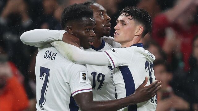 LONDON, ENGLAND - NOVEMBER 13: Eberechi Eze of England goal celebration with Phil Foden & Bukayo Saka of England after scoring a goal to put England 2-0 ahead during the FIFA World Cup 2026 qualifier match between England and Serbia at Wembley Stadium on November 13, 2025 in London, England.