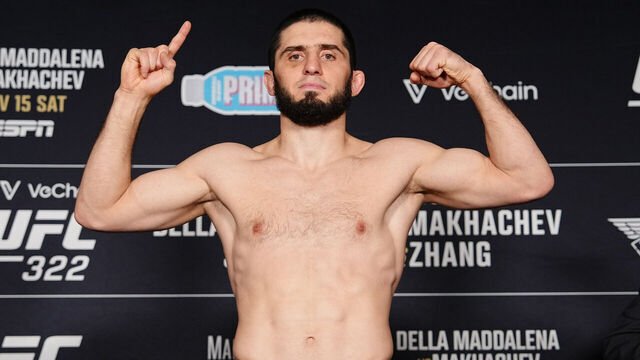 NEW YORK, NEW YORK - NOVEMBER 14: Islam Makhachev of Russia poses on the scale during the UFC 322 official weigh-ins at New York Hilton Midtown on November 14, 2025 in New York, New York.