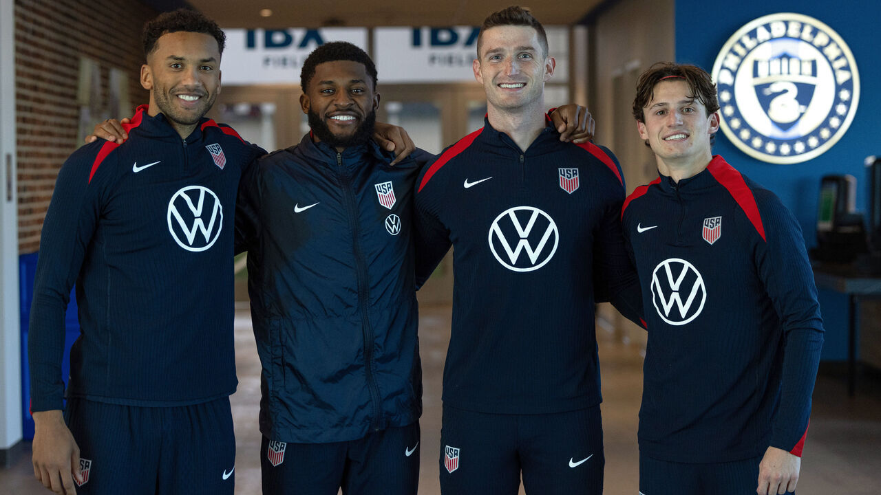 PHILADELPHIA, PA - NOVEMBER 12: Auston Trusty and Mark McKenzie and Matt Freese and Brenden Aaronson of the United States during USMNT Training at WSFS Bank Sportsplex on November 12, 2025 in Philadelphia, Pennsylvania.