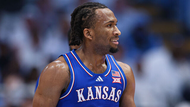 CHAPEL HILL, NORTH CAROLINA - NOVEMBER 7: Darryn Peterson #22 of the Kansas Jayhawks reacts during a game against the North Carolina Tar Heels at Dean E. Smith Center on November 7, 2025 in Chapel Hill, North Carolina.