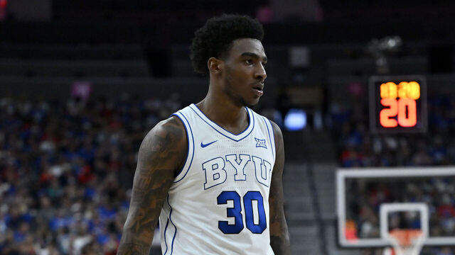 LAS VEGAS, NEVADA - NOVEMBER 03: Kennard Davis Jr. #30 of the BYU Cougars looks on during the first half of a Hall of Fame Series game against the Villanova Wildcats at T-Mobile Arena on November 03, 2025 in Las Vegas, Nevada. The Cougars defeated the Wildcats 71-66.