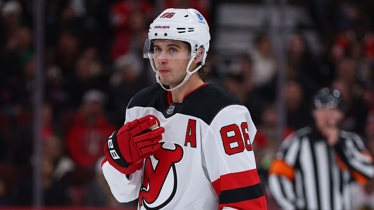 CHICAGO, IL - NOVEMBER 12: Jack Hughes #86 of the New Jersey Devils looks on looks on during the second period against the Chicago Blackhawks on November 12, 2025 at the United Center in Chicago, Illinois.