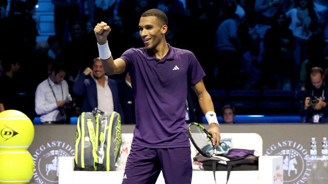 TURIN, ITALY - NOVEMBER 14: Felix Auger-Aliassime of Canada celebrates following his victory against Alexander Zverev of Germany in the Men’s Singles Group Stage match during day six of the Nitto ATP Finals 2025 at Inalpi Arena on November 14, 2025 in Turin, Italy.
