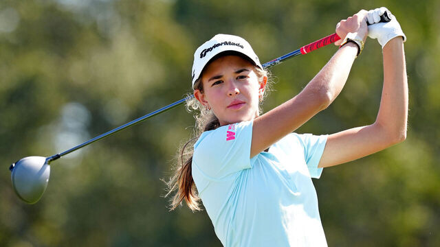 BELLEAIR, FL - NOVEMBER 14: University of Miami commit Kai Trump plays her tee shot on the 14th hole during The Annika driven by Gainbridge at Pelican on November 14, 2025, at the Pelican Golf Club in Belleair, Florida. .
