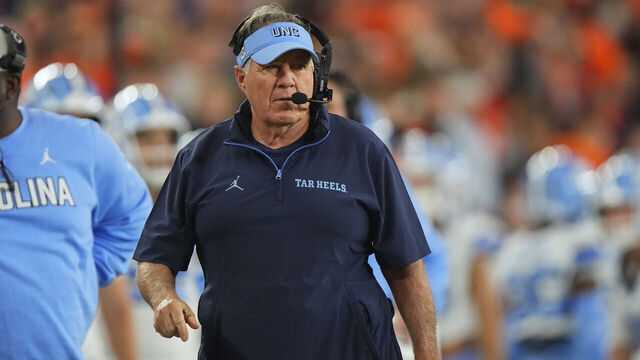 SYRACUSE, NY - OCTOBER 31: North Carolina Tar Heels Head Coach Bill Belichick looks on from the sidelines during the first half of the College Football game between the North Carolina Tar Heels and the Syracuse Orange on October 31, 2025, at the JMA Wireless Dome in Syracuse, NY.