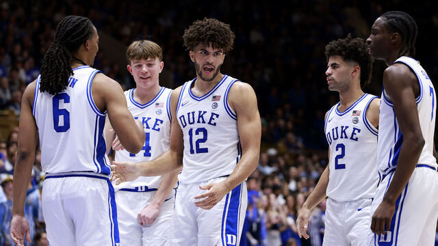DURHAM, NORTH CAROLINA - NOVEMBER 14: (L-R) Maliq Brown #6, Nikolas Khamenia #14, Cameron Boozer #12, Cayden Boozer #2 and Dame Sarr #7 of the Duke Blue Devils huddle during the second half of the game against the Indiana State Sycamores at Cameron Indoor Stadium on November 14, 2025 in Durham, North Carolina.