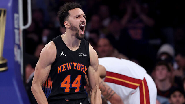 NEW YORK, NEW YORK - NOVEMBER 14: Landry Shamet #44 of the New York Knicks celebrates after a basket in the fourth quarter against the Miami Heat at Madison Square Garden on November 14, 2025 in New York City. The New York Knicks defeated the Miami Heat 140-132.
