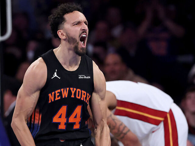 NEW YORK, NEW YORK - NOVEMBER 14: Landry Shamet #44 of the New York Knicks celebrates after a basket in the fourth quarter against the Miami Heat at Madison Square Garden on November 14, 2025 in New York City. The New York Knicks defeated the Miami Heat 140-132.