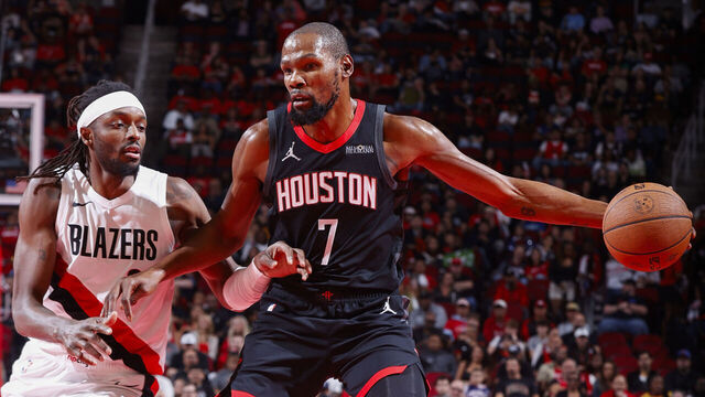 HOUSTON, TX - NOVEMBER 14: Kevin Durant #7 of the Houston Rockets dribbles the ball during the game against the Portland Trail Blazers against the Portland Trail Blazers during a 2025-26 Emirates NBA cup game on November 14, 2025 at the Toyota Center in Houston, Texas. Mandatory Copyright Notice: Copyright 2025 NBAE