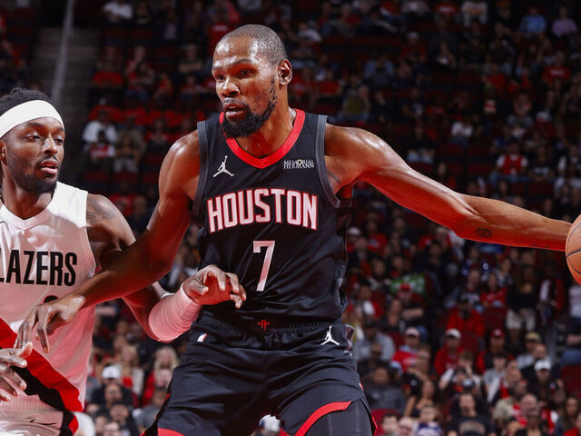 HOUSTON, TX - NOVEMBER 14: Kevin Durant #7 of the Houston Rockets dribbles the ball during the game against the Portland Trail Blazers against the Portland Trail Blazers during a 2025-26 Emirates NBA cup game on November 14, 2025 at the Toyota Center in Houston, Texas. Mandatory Copyright Notice: Copyright 2025 NBAE