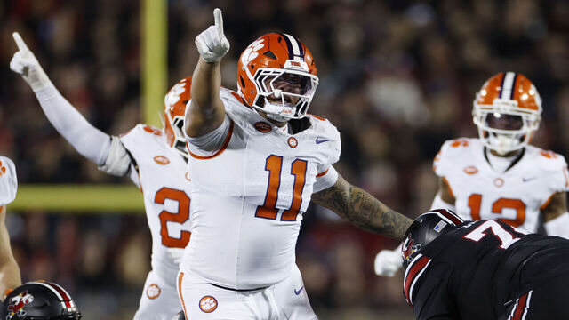 LOUISVILLE, KY - NOVEMBER 14: Peter Woods #11 of the Clemson Tigers celebrates with teammates after a turnover on defense during a college football game against the Louisville Cardinals on November 14, 2025 at L&N Federal Credit Union Stadium in Louisville, Kentucky.