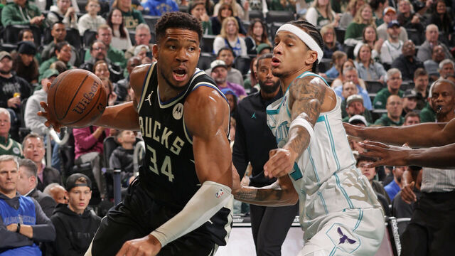 MILWAUKEE, WI - NOVEMBER 14: Giannis Antetokounmpo #34 of the Milwaukee Bucks handles the ball during the game against the Charlotte Hornets during a 2025-26 Emirates NBA Cup game on November 14, 2025 at Fiserv Forum Center in Milwaukee, Wisconsin. Mandatory Copyright Notice: Copyright 2025 NBAE .