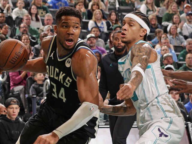 MILWAUKEE, WI - NOVEMBER 14: Giannis Antetokounmpo #34 of the Milwaukee Bucks handles the ball during the game against the Charlotte Hornets during a 2025-26 Emirates NBA Cup game on November 14, 2025 at Fiserv Forum Center in Milwaukee, Wisconsin. Mandatory Copyright Notice: Copyright 2025 NBAE .