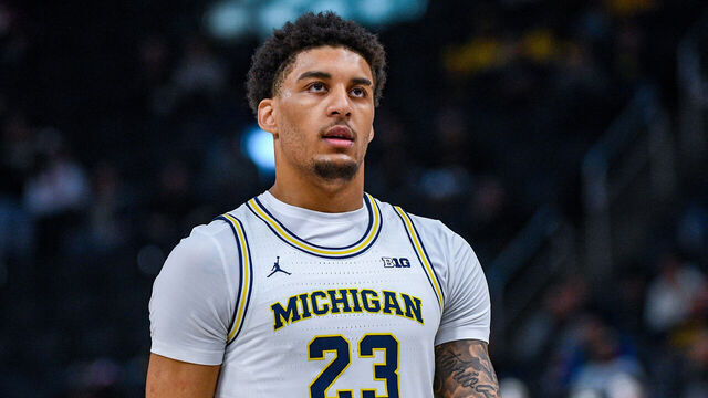 DETROIT, MICHIGAN - NOVEMBER 11: Yaxel Lendeborg #23 of the Michigan Wolverines is seen on the court during the second half of the Wolverine-Deacon Challenge college basketball game against the Wake Forest Demon Deacons at Little Caesars Arena on November 11, 2025 in Detroit, Michigan. The Michigan Wolverines won the game in overtime 85-84.