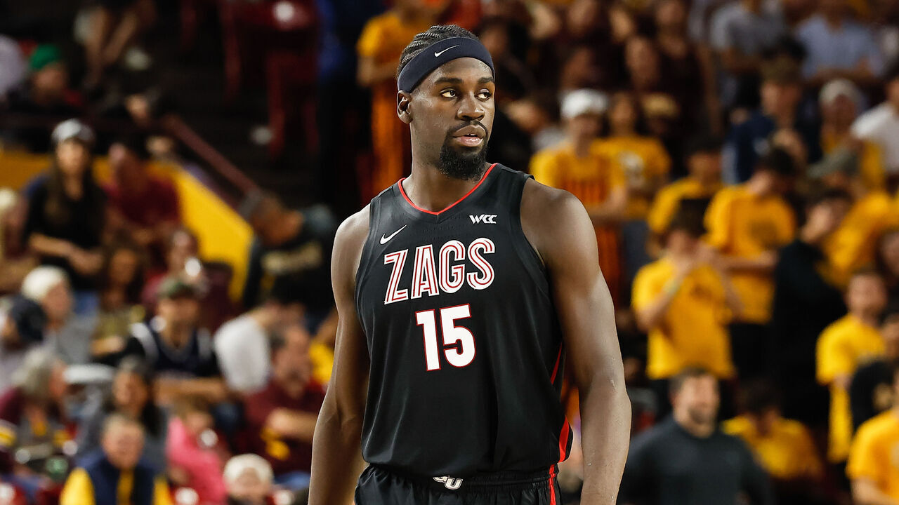 SCOTTSDALE, AZ - NOVEMBER 14: Gonzaga Bulldogs forward Graham Ike (15) looks on during the college basketball game between the Gonzaga Bulldogs and the Arizona State Sun Devils on November 14, 2025 at Desert Financial Arena in Tempe, Arizona.