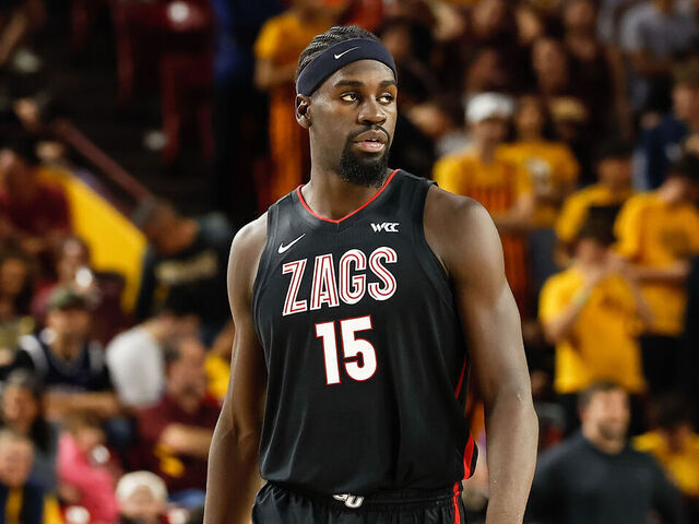 SCOTTSDALE, AZ - NOVEMBER 14: Gonzaga Bulldogs forward Graham Ike (15) looks on during the college basketball game between the Gonzaga Bulldogs and the Arizona State Sun Devils on November 14, 2025 at Desert Financial Arena in Tempe, Arizona.