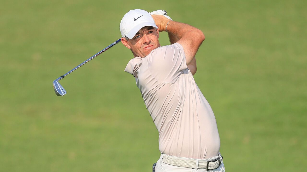 DUBAI, UNITED ARAB EMIRATES - NOVEMBER 15: Rory McIlroy of Northern Ireland plays his second shot on the 14th hole during the third round of the DP World Tour Championship 2025 at Jumeirah Golf Estates on November 15, 2025 in Dubai, United Arab Emirates.