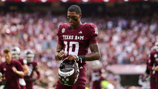 COLLEGE STATION, TEXAS - NOVEMBER 15: Marcel Reed #10 of the Texas A&M Aggies looks on before playing the South Carolina Gamecocks at Kyle Field on November 15, 2025 in College Station, Texas.