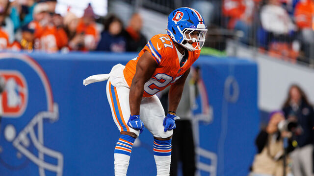 DENVER, COLORADO - NOVEMBER 06: J.K. Dobbins #27 of the Denver Broncos gets set during the first half of an NFL football game against the Las Vegas Raiders at Empower Field At Mile High on November 06, 2025 in Denver, Colorado.