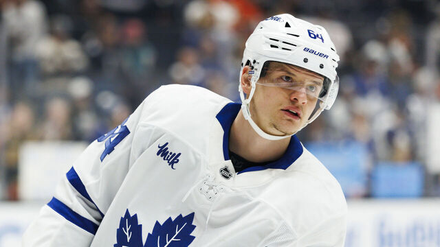 ANAHEIM, CALIFORNIA - MARCH 30: David Kampf #64 of the Toronto Maple Leafs skates before the game against the Anaheim Ducks at Honda Center on March 30, 2025 in Anaheim, California.