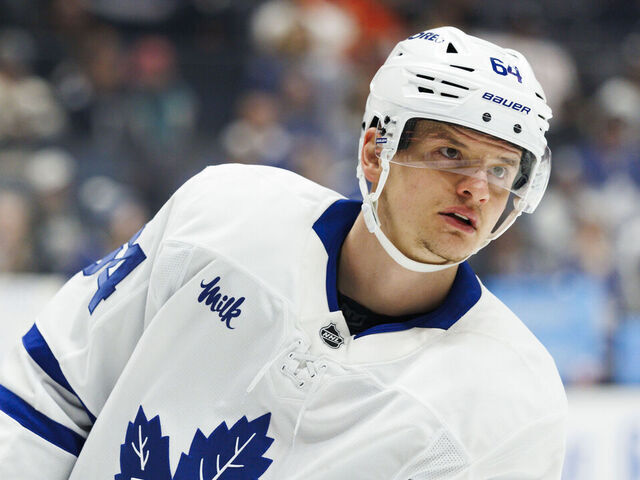 ANAHEIM, CALIFORNIA - MARCH 30: David Kampf #64 of the Toronto Maple Leafs skates before the game against the Anaheim Ducks at Honda Center on March 30, 2025 in Anaheim, California.