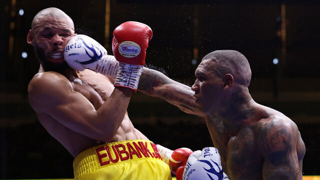 LONDON, ENGLAND - NOVEMBER 15: Conor Benn punches Chris Eubank Jr during their middleweight fight on the ‘Unfinished Business’ fight card at Tottenham Hotspur Stadium on November 15, 2025 in London, England.