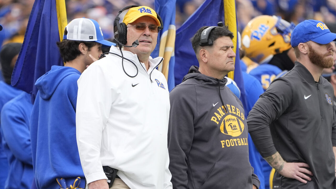PITTSBURGH, PA - NOVEMBER 15: Pittsburgh Panthers Head Coach Pat Narduzzi looks on from the sidelines during the first half of the College Football game between the Notre Dame Fighting Irish and the Pittsburgh Panthers on November 15, 2025, at Acrisure Stadium in Pittsburgh, PA.