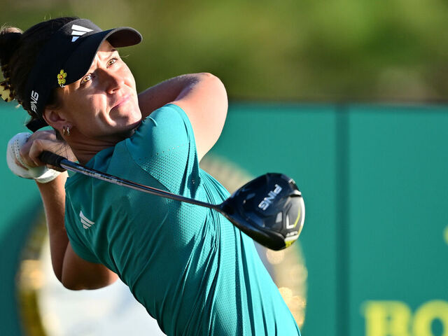 BELLEAIR, FLORIDA - NOVEMBER 15: Linn Grant of Sweden plays a shot from the 18th tee during the third round of The ANNIKA driven by Gainbridge at Pelican 2025 at Pelican Golf Club on November 15, 2025 in Belleair, Florida.
