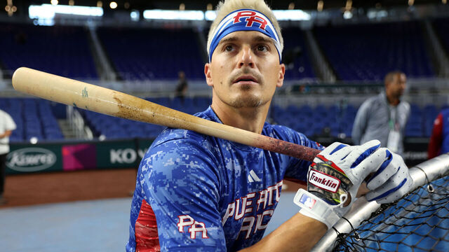 MIAMI, FL - MARCH 13: Enrique Hernández #5 of Team Puerto Rico is seen on field before Game 6 of Pool D between Team Israel and Team Puerto Rico at loanDepot Park on Monday, March 13, 2023 in Miami, Florida.