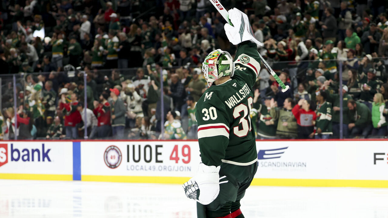 ST PAUL, MINNESOTA - NOVEMBER 15: Jesper Wallstedt #30 of the Minnesota Wild celebrates after his team scored in the second period against the Anaheim Ducks at Grand Casino Arena on November 15, 2025 in St Paul, Minnesota.