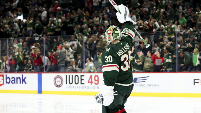 ST PAUL, MINNESOTA - NOVEMBER 15: Jesper Wallstedt #30 of the Minnesota Wild celebrates after his team scored in the second period against the Anaheim Ducks at Grand Casino Arena on November 15, 2025 in St Paul, Minnesota.