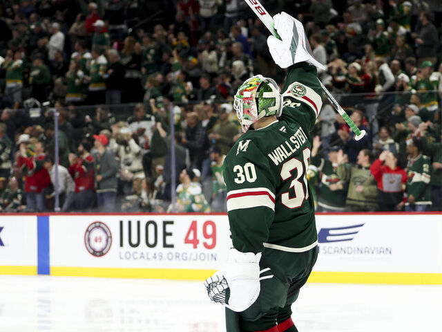 ST PAUL, MINNESOTA - NOVEMBER 15: Jesper Wallstedt #30 of the Minnesota Wild celebrates after his team scored in the second period against the Anaheim Ducks at Grand Casino Arena on November 15, 2025 in St Paul, Minnesota.
