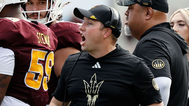 TEMPE, AZ - NOVEMBER 15: Arizona State Sun Devils head coach Kenny Dillingham yells to his team during the college football game between the West Virginia Mountaineers and the Arizona State Sun Devils on November 15, 2025 at Mountain America Stadium in Tempe, Arizona.
