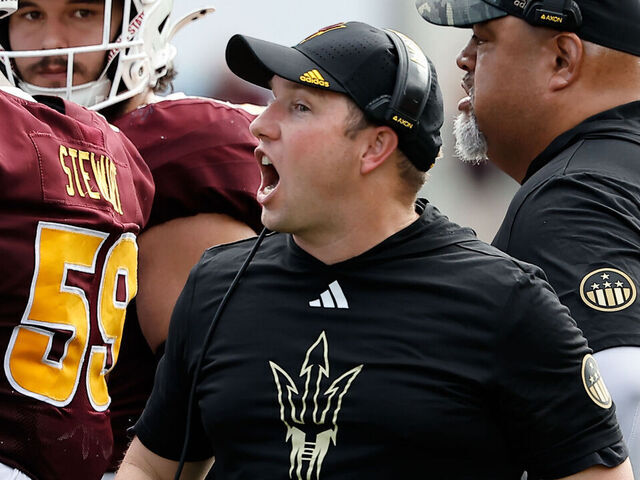 TEMPE, AZ - NOVEMBER 15: Arizona State Sun Devils head coach Kenny Dillingham yells to his team during the college football game between the West Virginia Mountaineers and the Arizona State Sun Devils on November 15, 2025 at Mountain America Stadium in Tempe, Arizona.