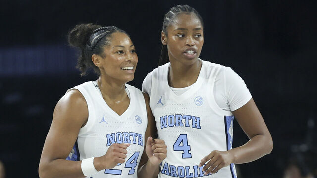 LAS VEGAS, NEVADA - NOVEMBER 15: Indya Nivar #24 and Laila Hull #4 of the North Carolina Tar Heels celebrate during a timeout in the third quarter of a 2025 WBCA Challenge game against the Fairfield Stags at Michelob ULTRA Arena on November 15, 2025 in Las Vegas, Nevada.
