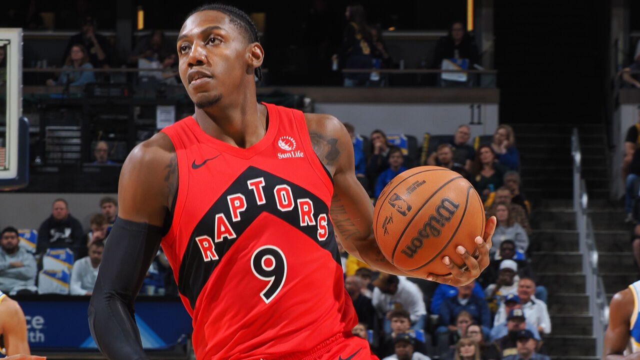 INDIANAPOLIS, IN - NOVEMBER 15: RJ Barrett #9 of the Toronto Raptors dribbles the ball during the game against the Indiana Pacers on November 15, 2025 at Gainbridge Fieldhouse in Indianapolis, Indiana. Mandatory Copyright Notice: Copyright 2025 NBAE