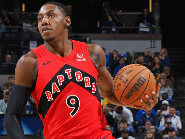 INDIANAPOLIS, IN - NOVEMBER 15: RJ Barrett #9 of the Toronto Raptors dribbles the ball during the game against the Indiana Pacers on November 15, 2025 at Gainbridge Fieldhouse in Indianapolis, Indiana. Mandatory Copyright Notice: Copyright 2025 NBAE